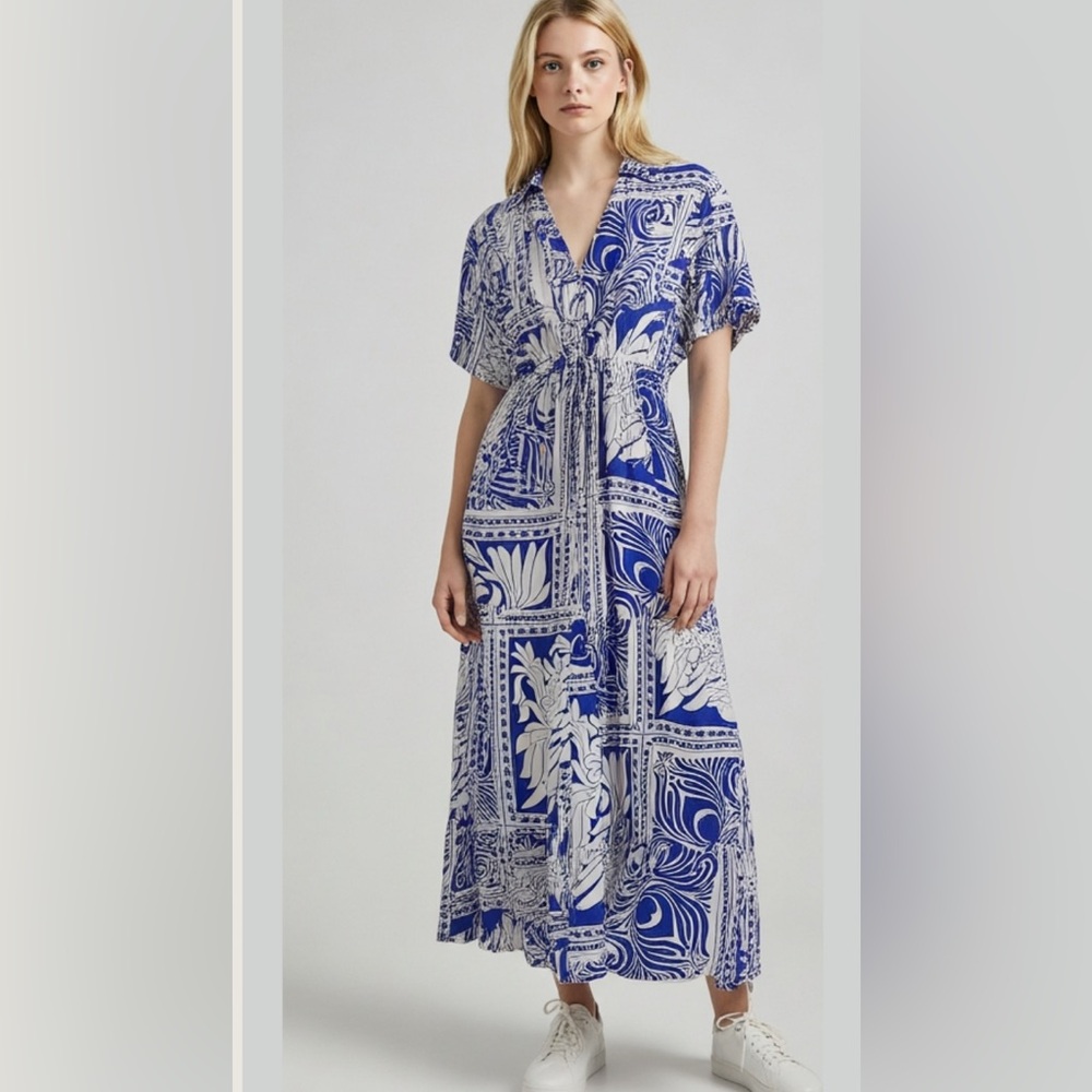 La Provenza Blue White Floral Pattern 100% Cotton Dress Size Large